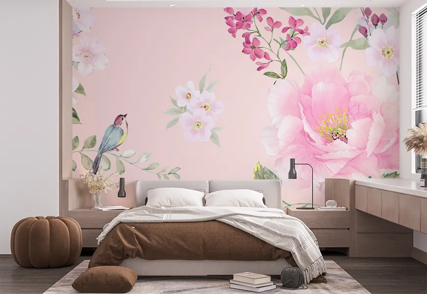 پوستر دیواری سه بعدی اتاق خواب عروس و داماد طرح گل و پرنده